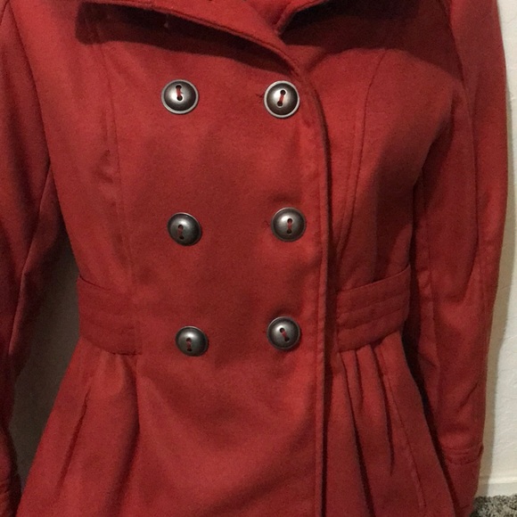 Red~orange Celebrity Pink pea coat with hood - Picture 2 of 5